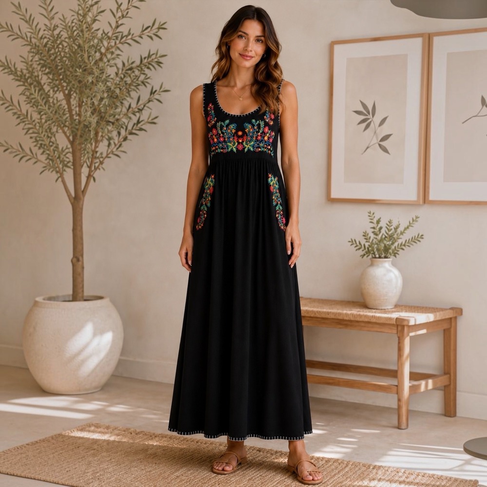 Chelsea & Theodore Black Floral Embroidered Boho Maxi Dress Petite Medium PM